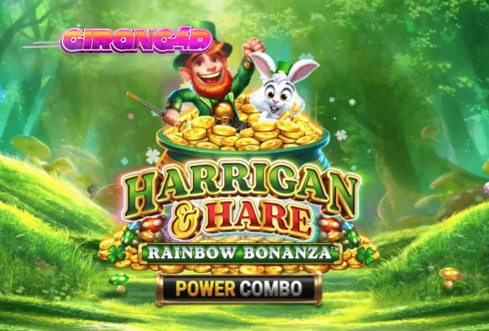 Tampilan visual slot Harrigan & Hare Rainbow Bonanza Power Combo dengan latar belakang bukit Irlandia.